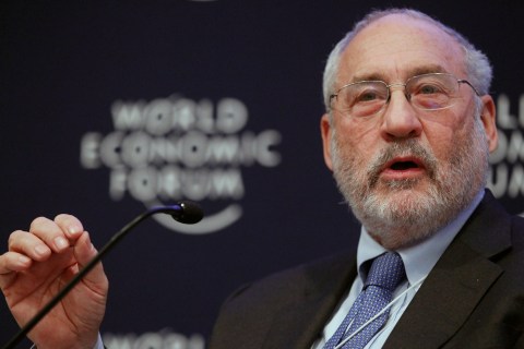 Columbia University Professor Stiglitz attends a session at the World Economic Forum in Davos