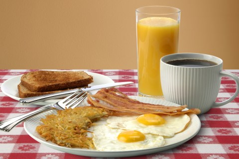 Eggs, bacon, coffee, juice, breakfast