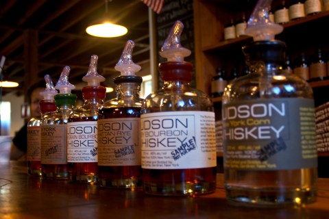 The lineup of Tuthilltown Distillery whiskeys is displayed a