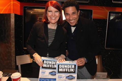 From left: "The Office" Stars Kate Flannery And Oscar Nunez Support Quill.com's launch of Dunder Mifflin Paper in New York City, on December 13, 2011.