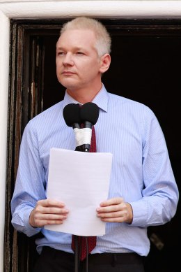 WikiLeaks founder Julian Assange speaks to the media outside the Ecuador embassy in west London August 19, 2012.