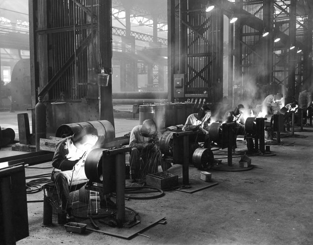 Welders at work in the Sun Shipyards in Philadelphia, circa 1937.