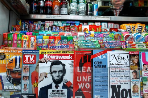 A copy of Newsweek magazine sits on a newsstand in  New York