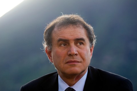 Nouriel Roubini pauses during a television interview in Como, Italy, March 30, 2012. 