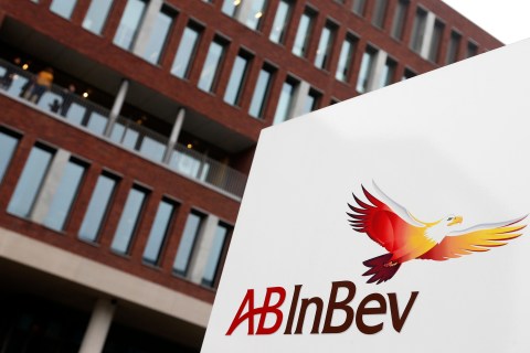 Anheuser-Busch InBev logo outside the brewery headquarters in Leuven